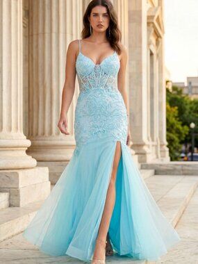 NEW AQUA Lace Spaghetti Strap Evening Gown Floor Length Embellished 8276J